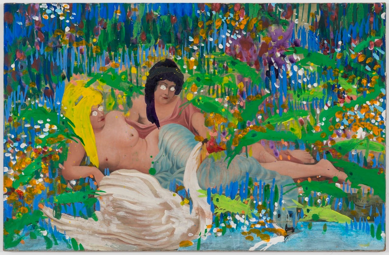 Asger Jorn and Walasse Ting "Spring Garden for Asger" (1963), Acrylic on found oil painting on canvas, 25 1/2 x 39 1/2 inches (© 2015 Asger Jorn / Donation Jorn, Silkeborg / Artists Rights Society (ARS), NY / billedkunst.dk © 2015 Estate of Walasse Ting / Artists Rights Society (ARS), New York, via blumandpoe.com)