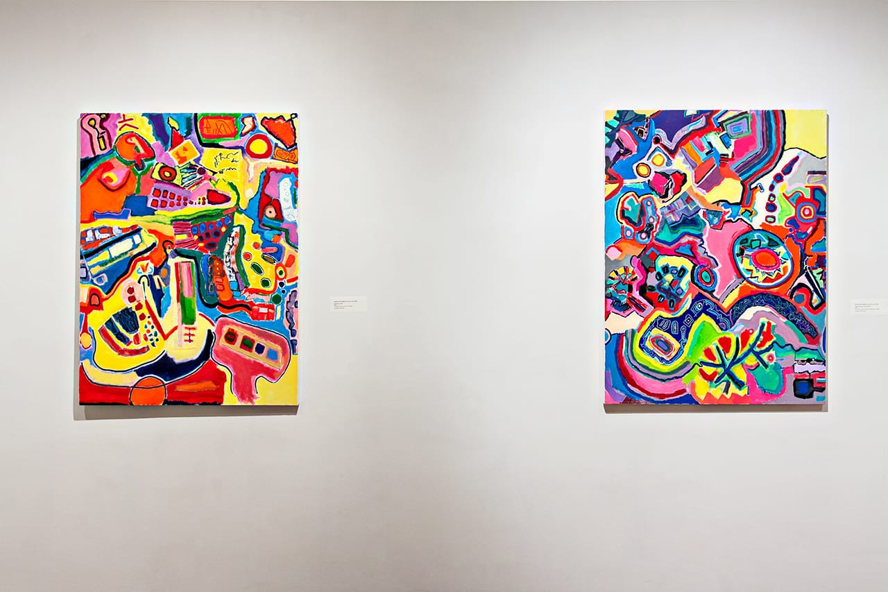 Wayne Koestenbaum, left, "Everything Is Nice" (2014), oil, Flashe, acrylic, and ink on canvas, 48 x 36 inches; right, "How to Explode in Slow Motion" (2015), oil, acrylic, acrylic marker, and Flashe on canvas, 48 x 36 inches