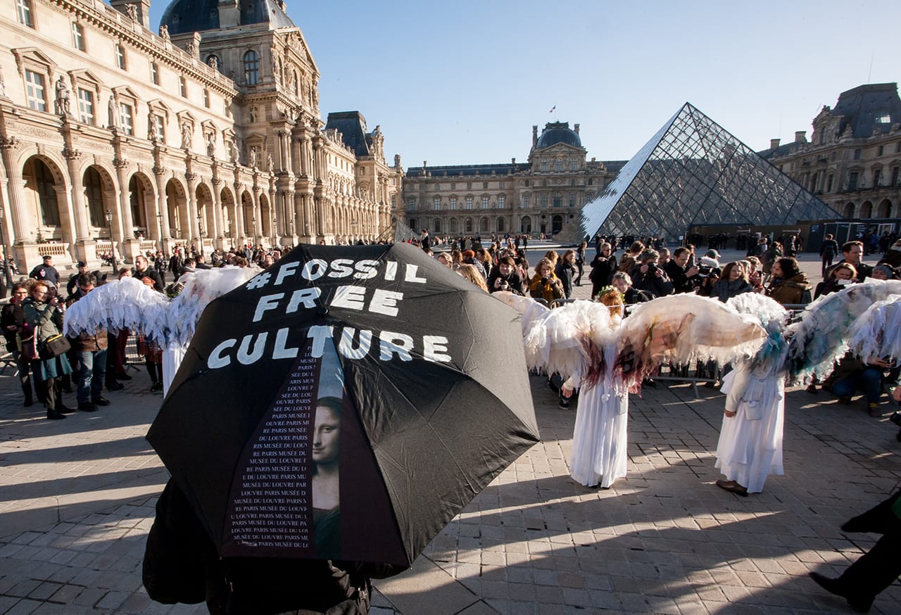 Protesters in front of the Louvre