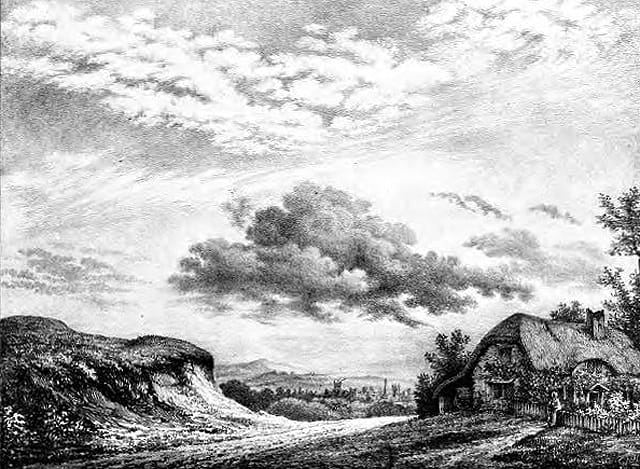 "Cumulus breaking up, cirrus & cirrocumulus above" from 'Essay on the modifications of clouds' by Luke Howard (1865 edition) (via Internet Archive)