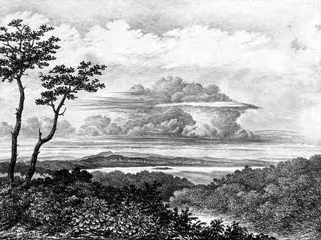 "Cumulostratus; as produced by the inosculation of cumulus with cirrostratus. Cirri above, passing to cirrocumulus" from 'Essay on the modifications of clouds' by Luke Howard (1865 edition) (via Internet Archive)