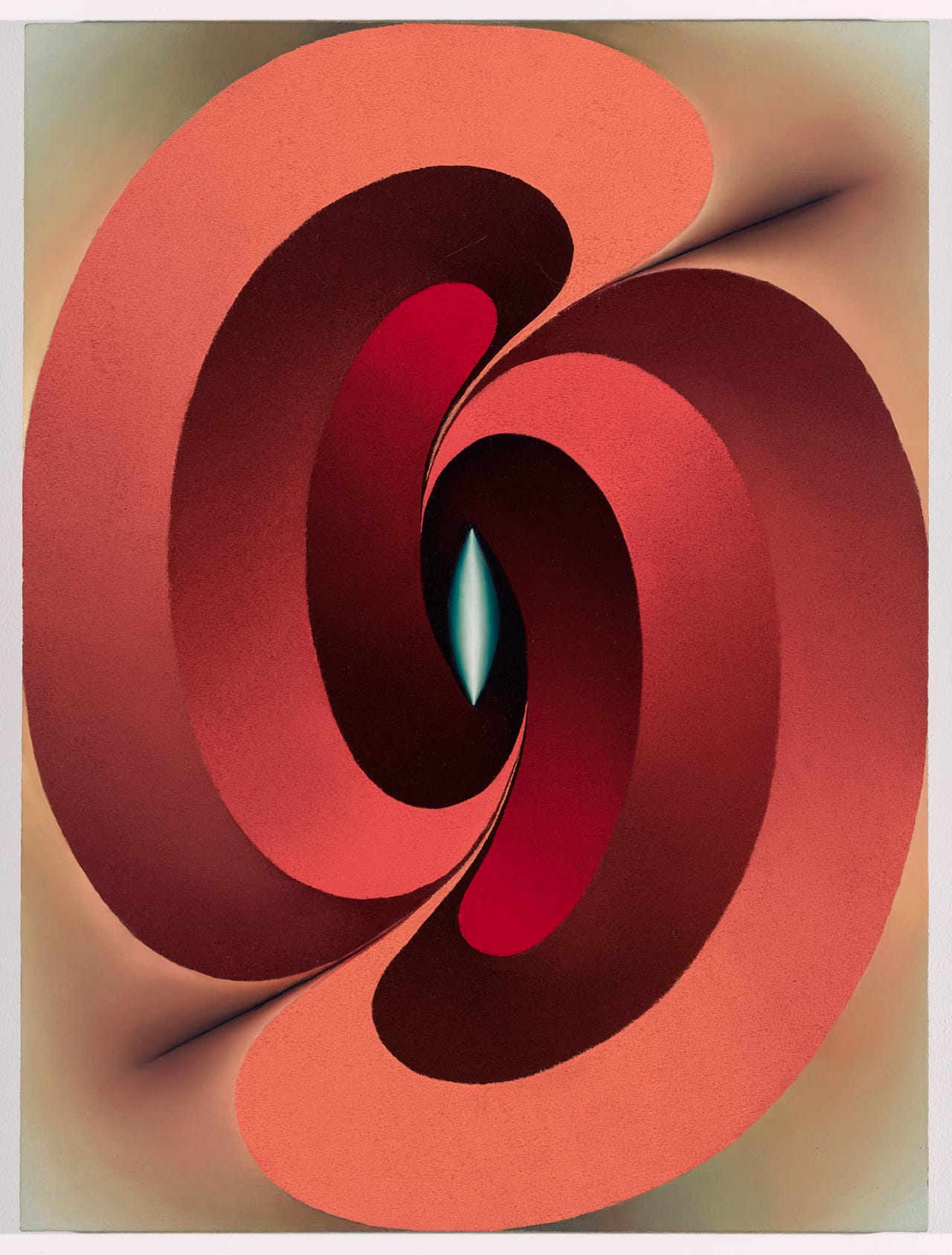 Loie Hollowell, "Linked Lingams in Red and Blue," oil on linen and panel, 28 x 21 in