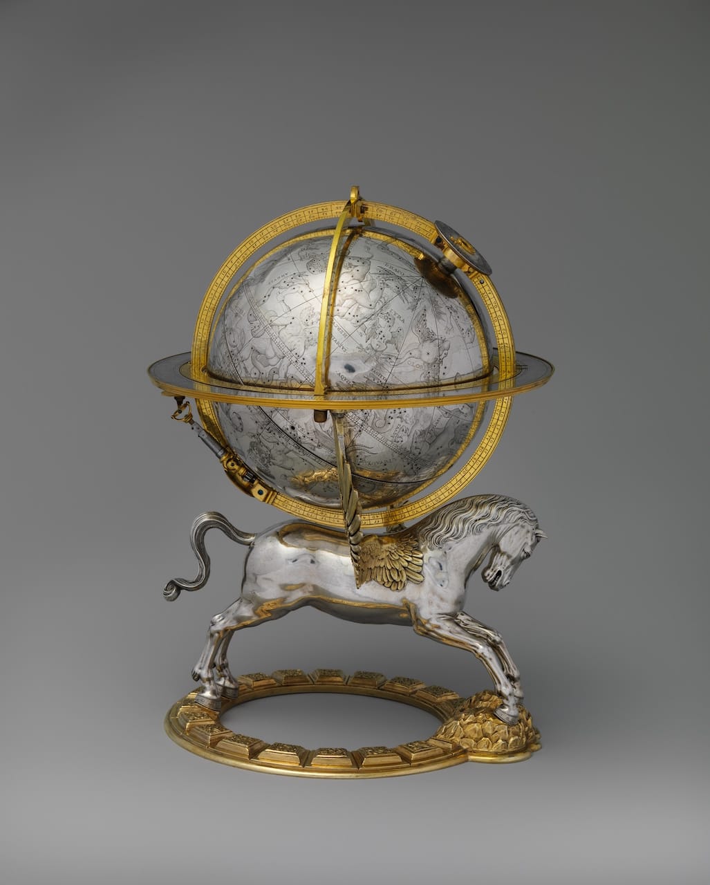 Celestial globe with clockwork, Maker: Gerhard Emmoser (German, active 1556–84) 1579 Culture: Austrian, Vienna Medium: Case: partly gilded silver and gilded brass; Movement: brass and steel Dimensions: Overall: 10 3/4 × 8 × 7 1/2 in. (27.3 × 20.3 × 19.1 cm); Diameter: 5 1/2 in. (14 cm) The Metropolitan Museum of Art, Gift of J. Pierpont Morgan, 1917