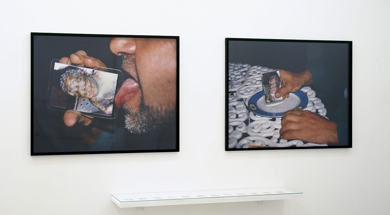 Teresa Margolles, "Tarjetas para picar cocaína (Cards to Cut Cocaine)" (1997–1999), color photographs and twelve laminated cards, dimensions variable. (image courtesy the artist and Galerie Peter Kilchmann, Zürich)