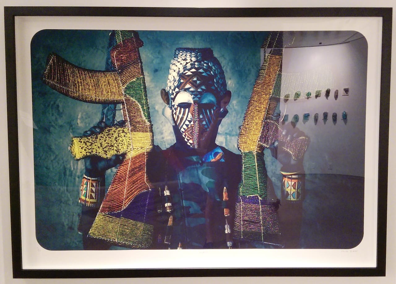 Ralph Ziman with Boas Manzvenga, Panganai Phiri, Lenon Tinarwo, Telmore Masangudza, and Kennedy Mwashusha, "Hondo (War)" (2014) (photo by the author for Hyperallergic)