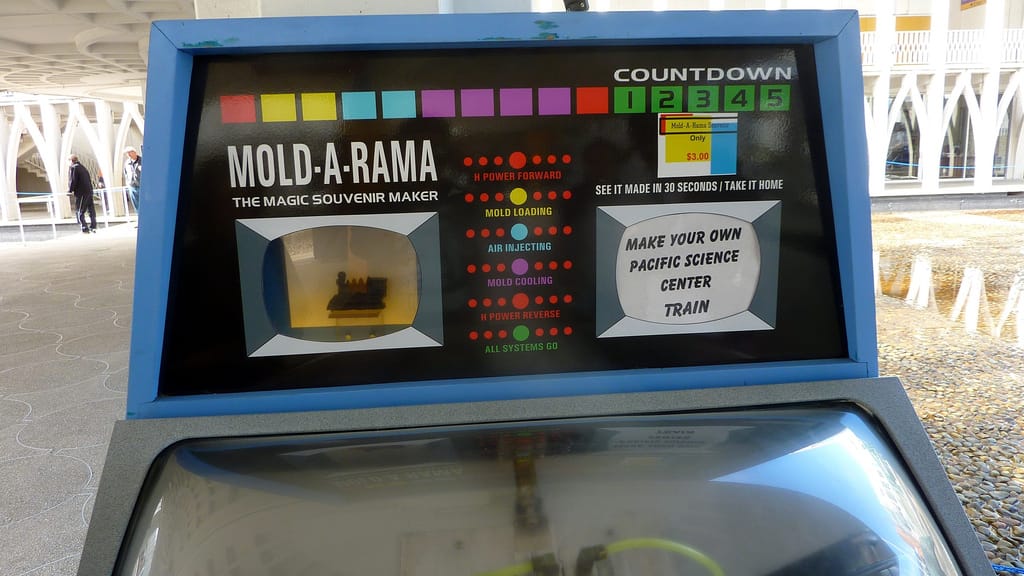 A Mold-A-Rama machine with a train at the Pacific Science Center in Seattle in 2010 (photo by Cory Doctorow/Flickr)