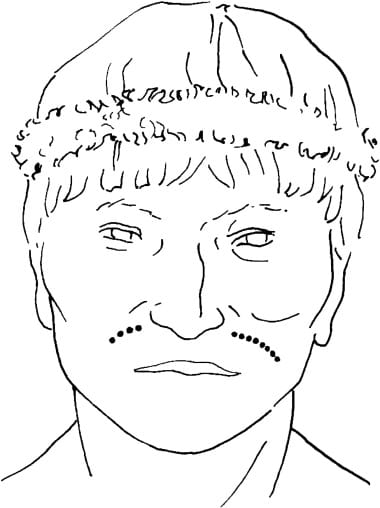 An illustration of the face tattoo of the Chinchorro mummy (courtesy Lars Krutak)