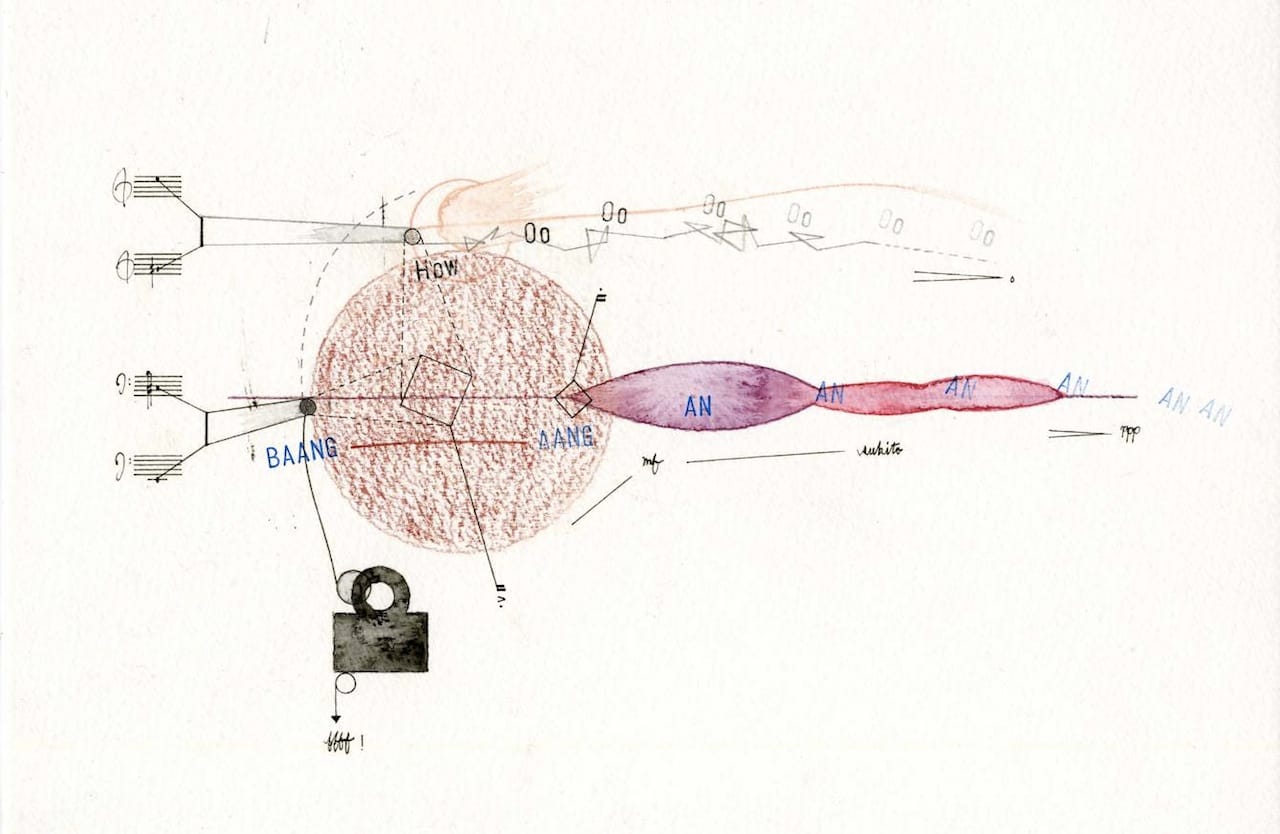 Samson Young, "Studies for Pastoral Music (4 Gauge Elephant Gun)" (2015), pencil, ink, watercolor, and modeling paste on paper, 8 x 11.5 inches