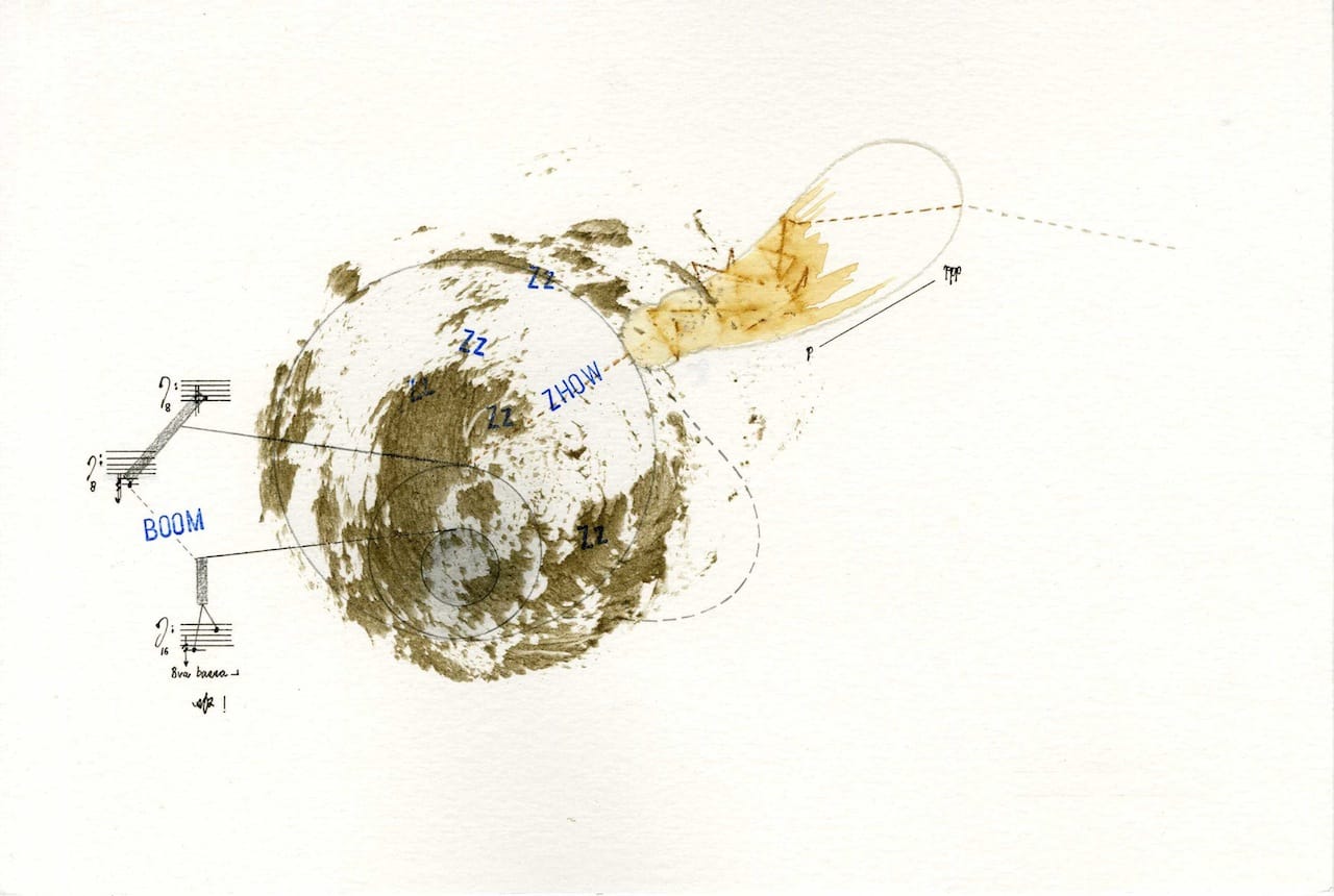 Samson Young, "Studies for Pastoral Music (M18 Claymore Entipersonnel Mine)," (2015), pencil, ink, watercolor, and modeling paste on paper, 8 x 11.5 inches