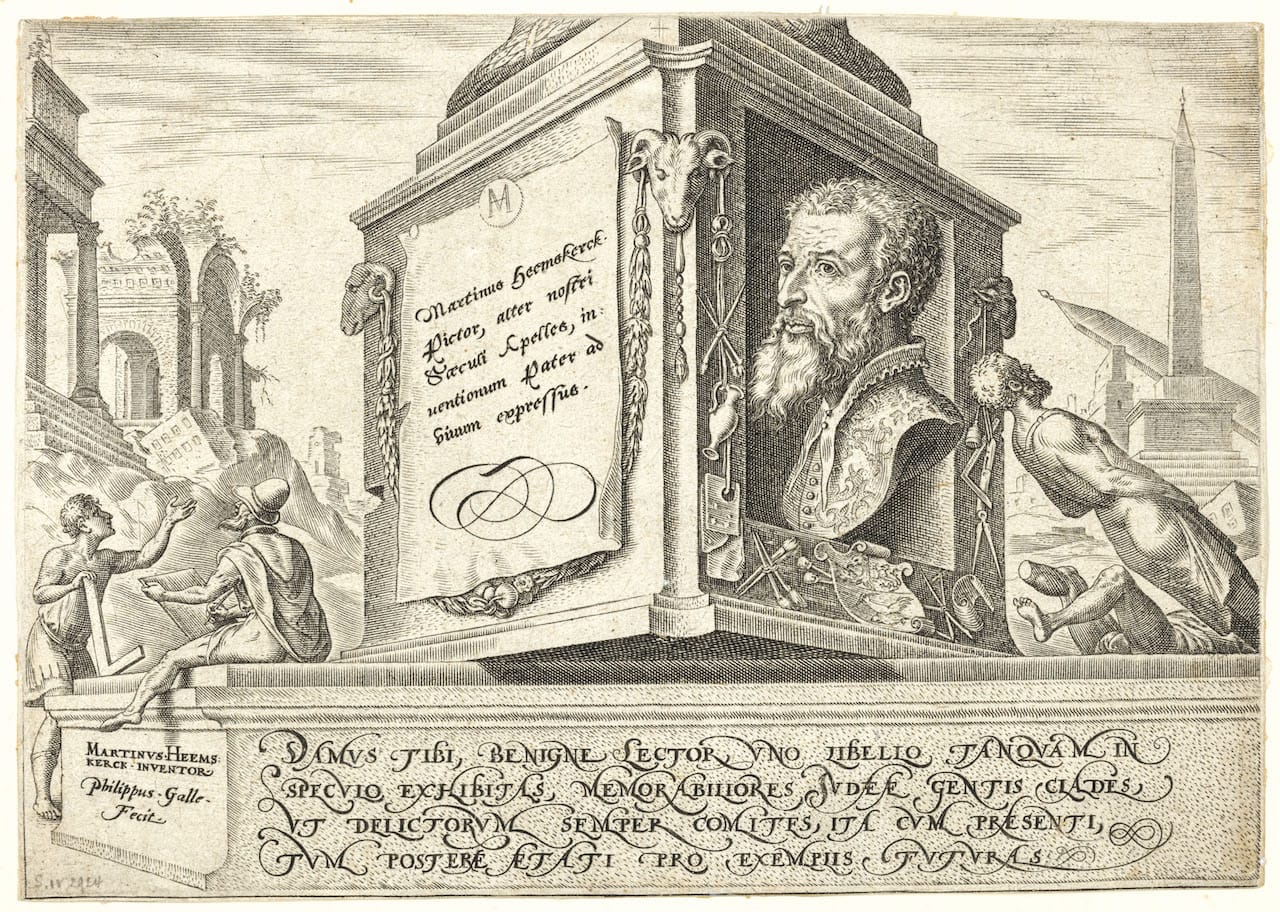 Philips Galle, d'après Maarten van Heemskerck, Judaeae gentis clades, 1569, burin : Frontispice. © Bruxelles, Bibliothèque royale de Belgique.