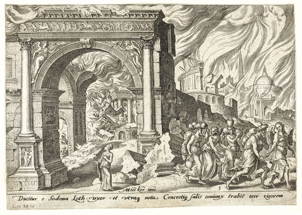 Philips Galle, d'après Maarten van Heemskerck, Judaeae gentis clades, 1569, burin : Loth et sa famille fuyant Sodome en flammes (pl. 5). © Bruxelles, Bibliothèque royale de Belgique.