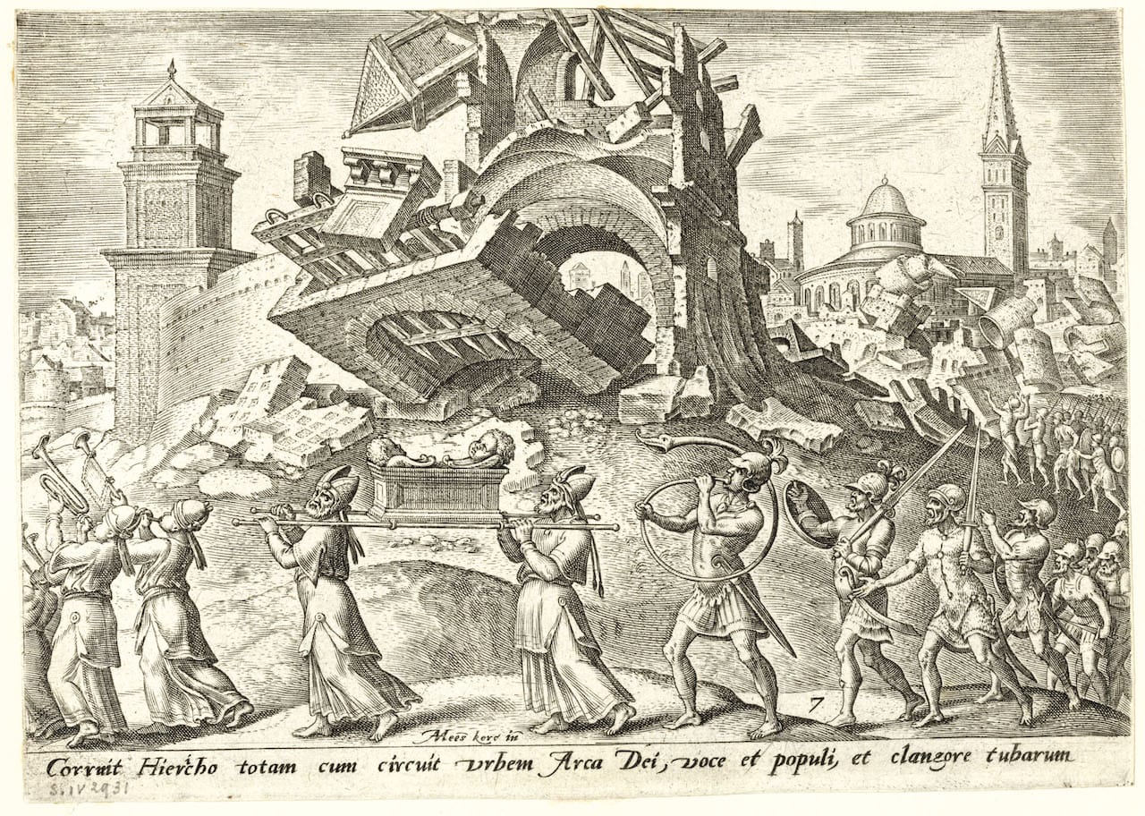 Philips Galle, d'après Maarten van Heemskerck, Judaeae gentis clades, 1569, burin : La prise de Jéricho (pl. 7). © Bruxelles, Bibliothèque royale de Belgique.