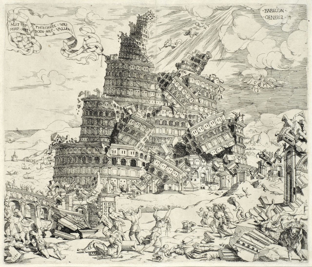 Cornelisz Anthonisz, La chute de la tour de Babel, 1547, eau-forte. © Bruxelles, Bibliothèque royale de Belgique.