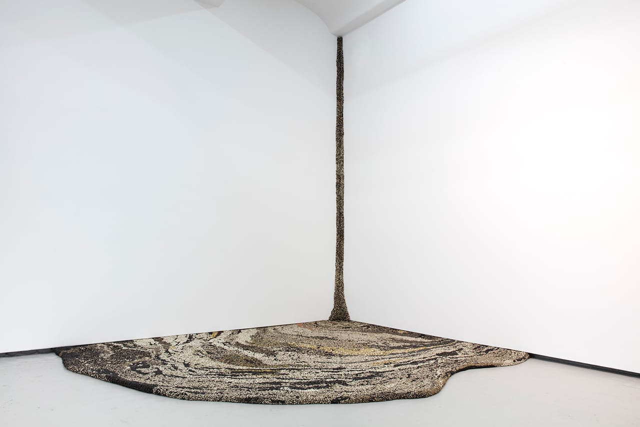 Vibha Galhotra, "Flow" (2015), nickel coated ghungroos, fabric, polyurethane coat, 129 x 93 1/4 x 112 1/2 in