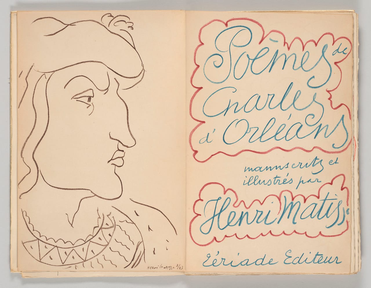 Henri Matisse, frontispiece and title page, 'Poèmes de Charles d’Orléans. Paris: Tériade Éditeur' (1950) (Frances and Michael Baylson Collection, The Morgan Library & Museum, © 2015 Succession H. Matisse / Artists Rights Society (ARS), New York, photography by Graham S. Haber, 2015)
