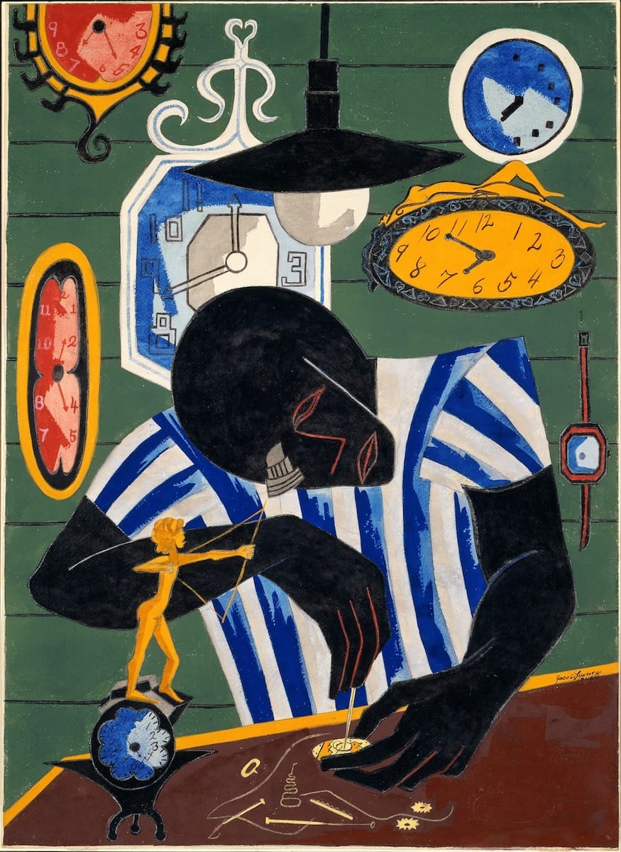 Jacob Lawrence, "Watchmaker" (1946), tempera and graphite on paper, 30 1⁄2 x 21 1⁄2 in, Hirshhorn Museum and Sculpture Garden, Smithsonian Institution, Gift of Joseph H. Hirshhorn (photo by Lee Stalsworth, © 2015 The Jacob and Gwendolyn Knight Lawrence Foundation, Seattle / Artists Rights Society [ARS])