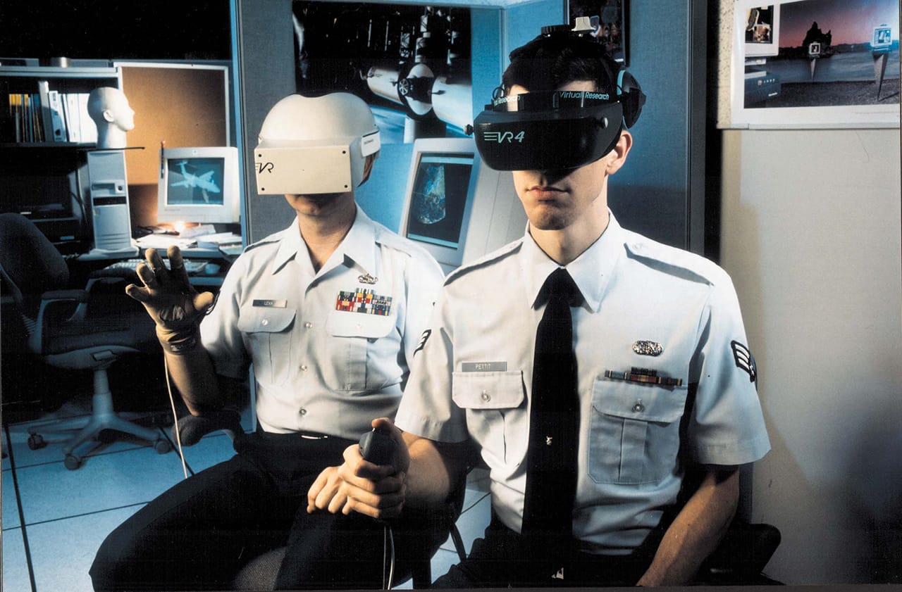 Tech. Sgt. William Lexa and Senior Airman Raymond Pettit conduct virtual reality research at Brooks Air Force Base, Texas. (photo via Wikimedia Commons) (click to enlarge)