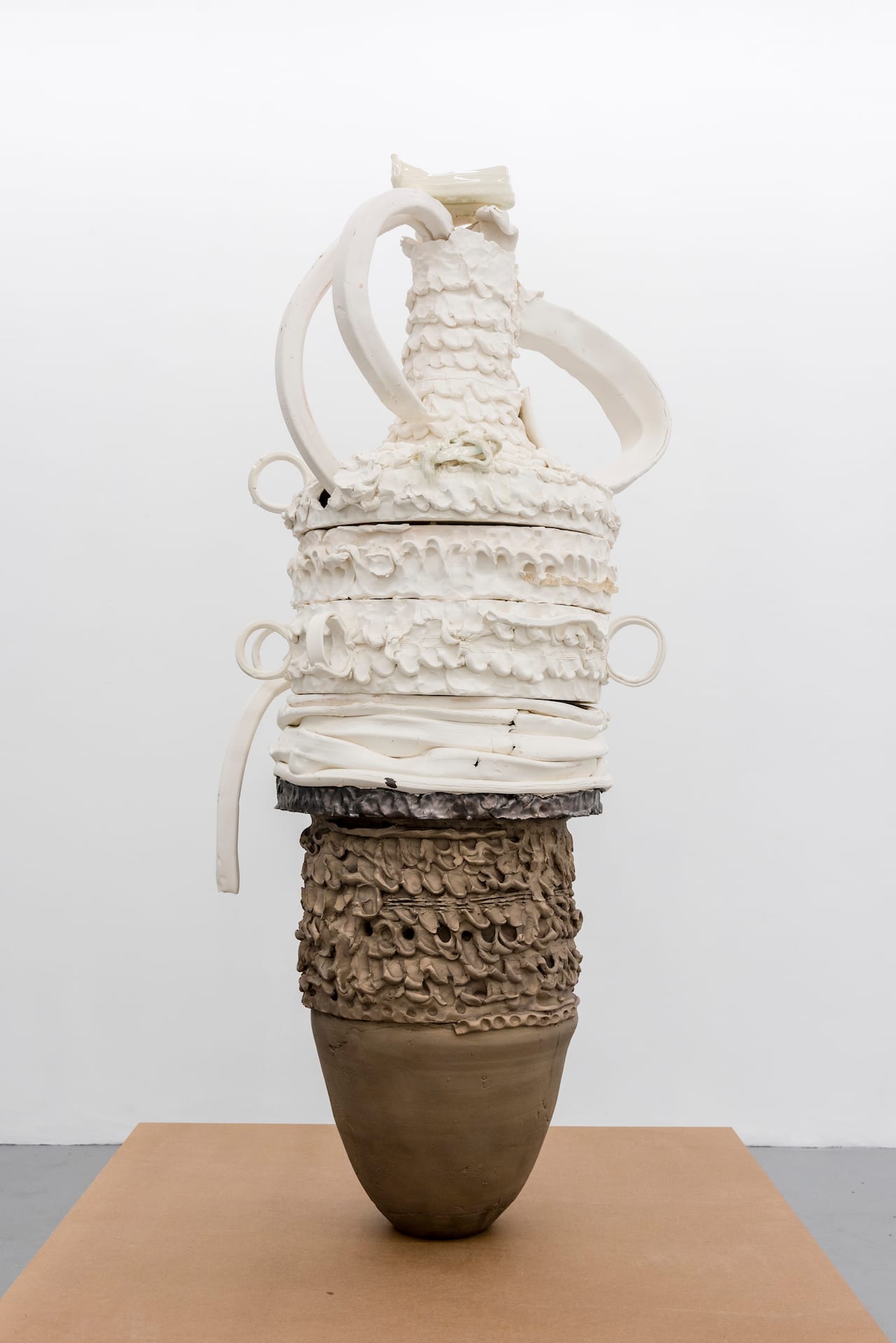 Nicole Cherubini, "Earth Pot #9, 3 Fates" (2015), earthenware, glaze, bronze, medium-density fiberboard (MDF), 58 x 25 x 27 inches