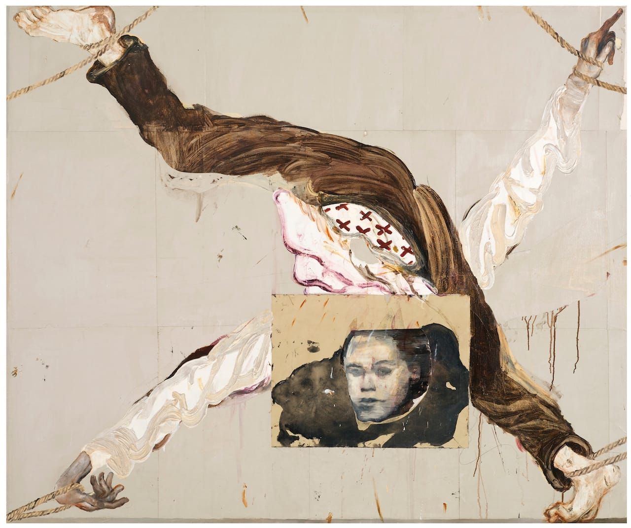 Reima Nevalainen, "Framed" (2014), acrylic and collage on canvas, 65 by 79 in. (Rafaela and Kaj Forsblom Collection, Helsinki © Reima Nevalainen, courtesy RKF Collection, photo by Patrik Rastenberger)