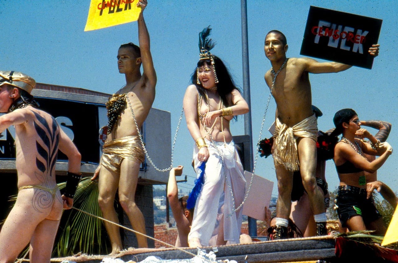 Sheree Rose, "CLUB FUCK at the Christopher Street Pride Parade" (1991) (Bob Flanagan and Sheree Rose Collection. ONE Archives at the USC Libraries, via one.usc.edu)