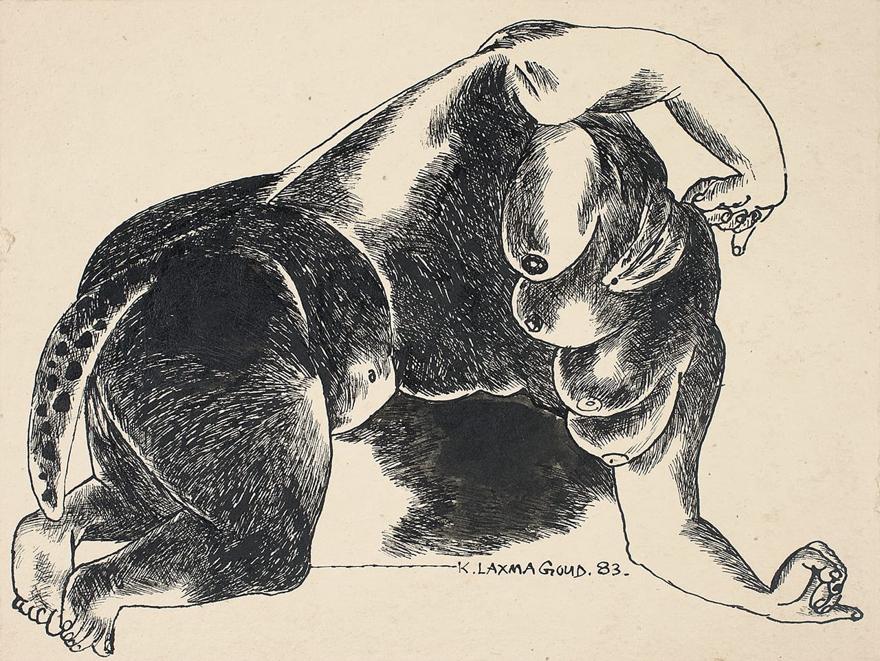 K. Laxma Goud, "Untitled" (1983), brush and pen and ink on cardboard, 5.7 x 7.7 inches