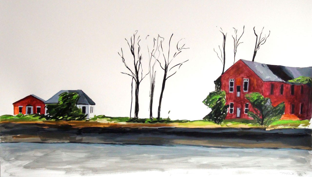 Melinda Hunt, "Buildings Among Burials," ink sketch of Hart Island (courtesy the artist)