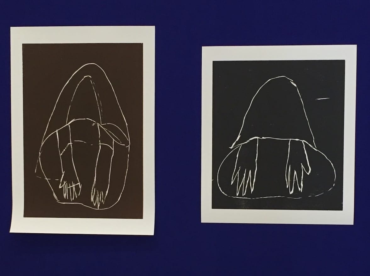 "Beggar" and "Beggar", both 2015, woodcuts