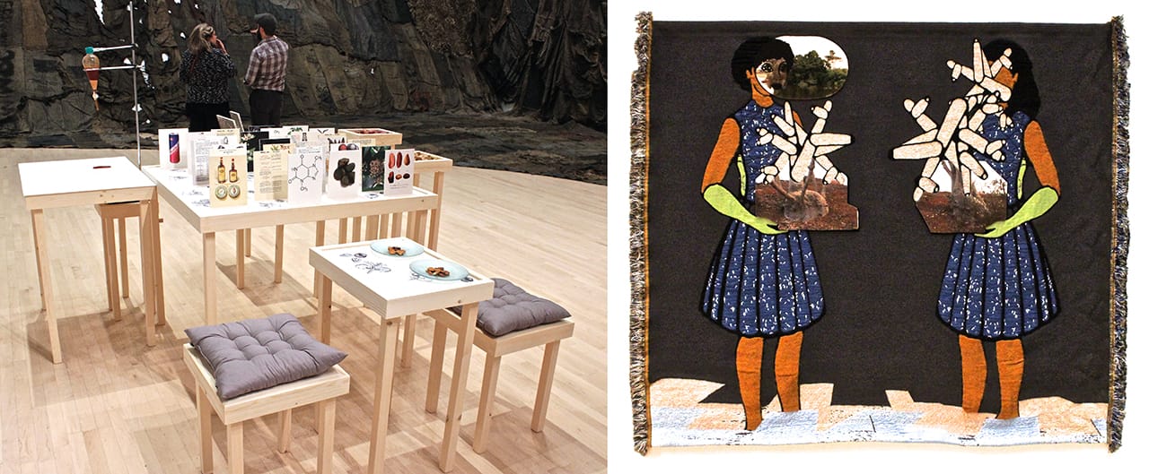 Otobong Nkanga, "Contained Measures of a Kolanut" (2012–14) and one of her accompanying woven tapestry/collages, "Why don't you grow where we come from?" (2012)