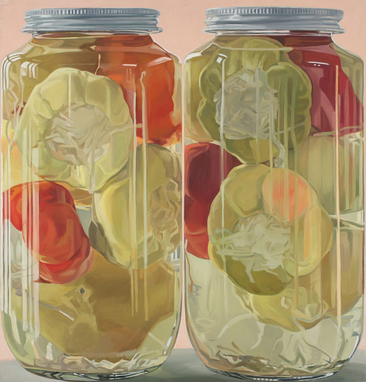 Janet Fish, "Stuffed Peppers" (1970), oil on canvas, 59 x 57 in