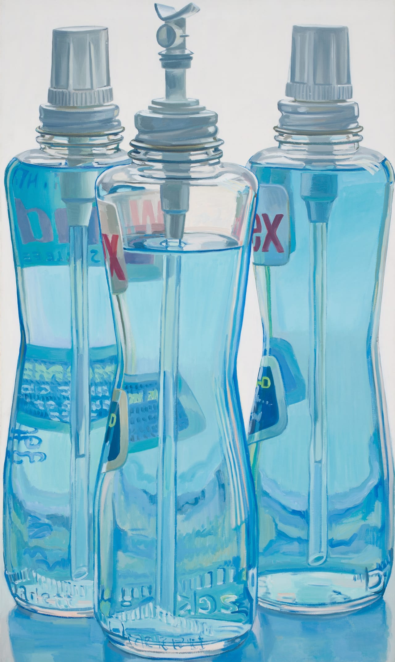 Janet Fish, "Windex Bottles" (1971–72), oil on linen, 49 3/4 x 29 3/4 in