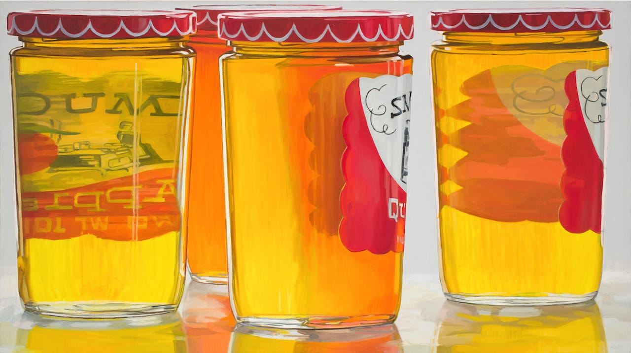 Janet Fish, "Smucker's Jelly" (1973), oil on canvas, 36 x 64 in (all images courtesy of DC Moore Gallery, New York )
