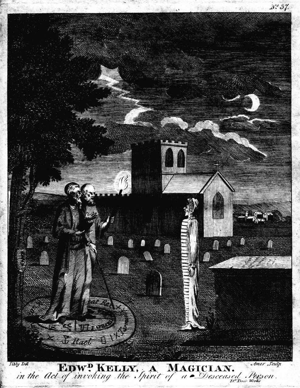 John Dee and Edward Kelly depicted in a magic circle, "invoking the spirit of a decased person." A version of the illustration was included in Kurt Seligmann's 'Mirror of Magic.' (1806) (via Wikimedia)