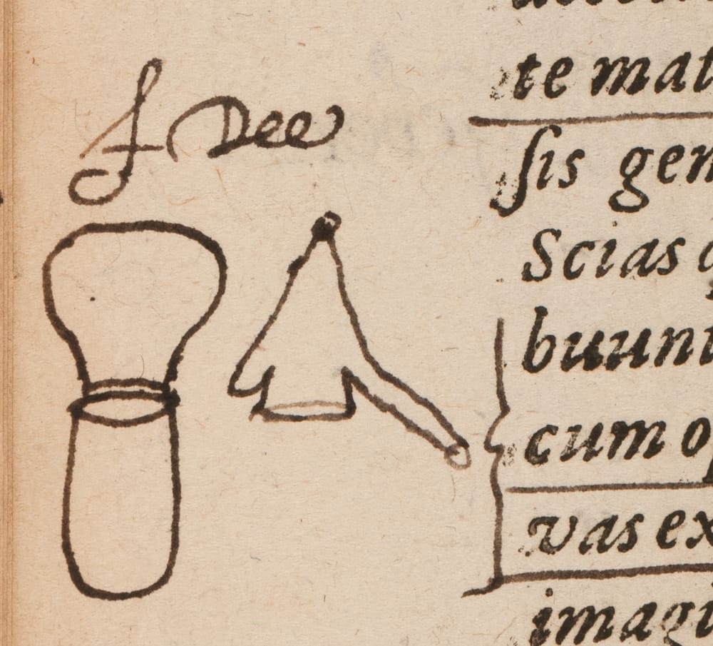 A sketch of alchemical equipment — an alembic — drawn and signed by John Dee in the margins of an alchemical treatise. (Petrus Bonus (attrib), 'Introductio in divinam chemiae artem integra,' published Basel, 1572) (© Royal College of Physicians / Mike Fear)