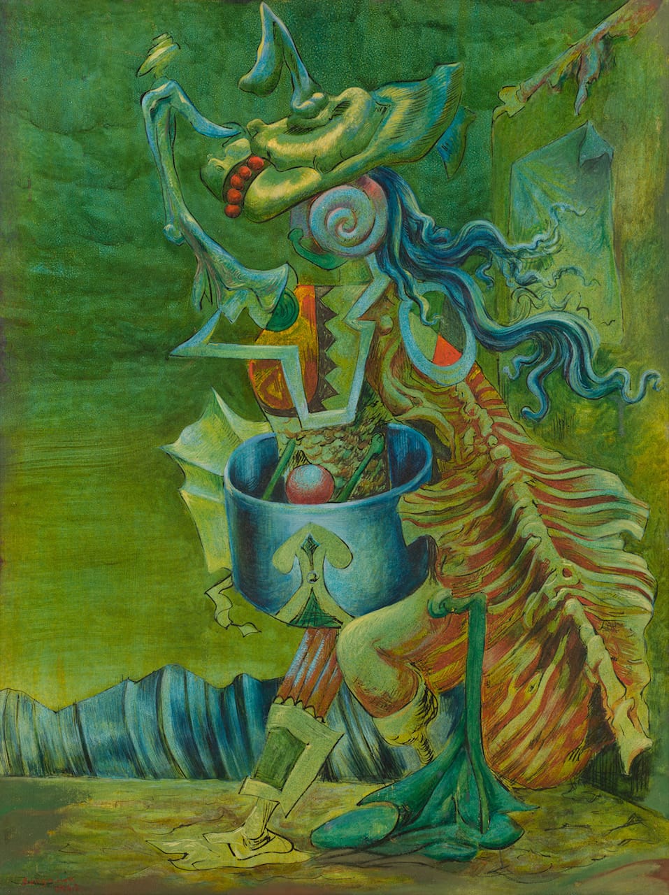 Kurt Seligmann, "Noctambulation" (1942), oil on panel, 33 x 44 inches (courtesy of Weinstein Gallery)