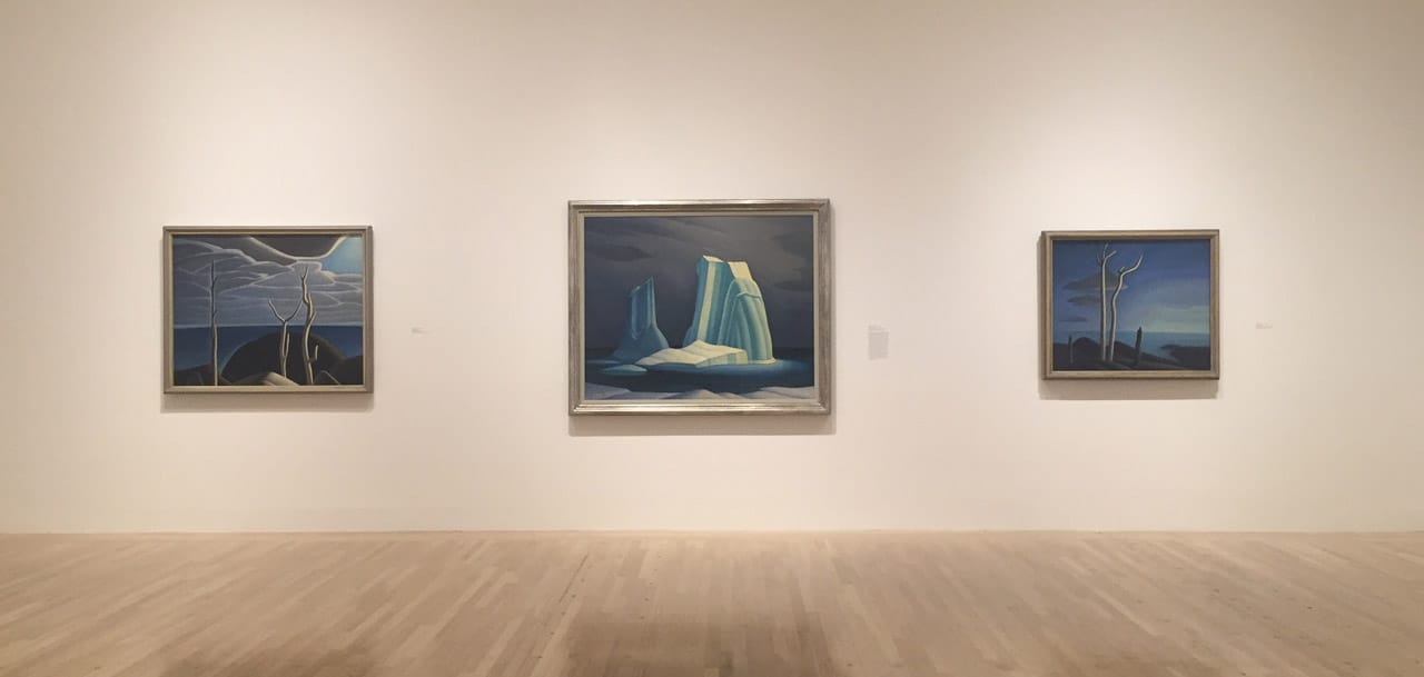 Installation view, 'The Idea of North: The Paintings of Lawren Harris,' with "Icebergs, Davis Strait" (1930) in middle (click to enlarge)