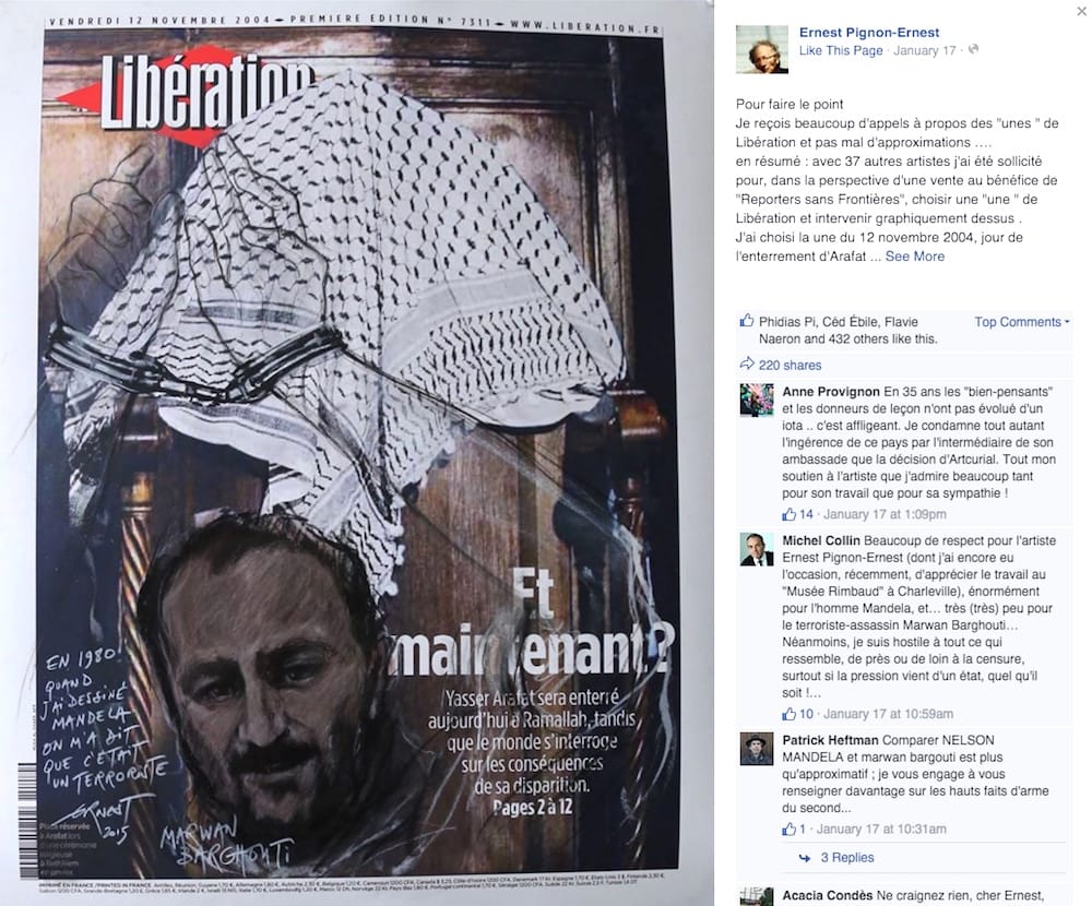Ernest Pignon-Ernest's contribution to the 'Artistes à la une' benefit auction for Reporters Without Borders (screenshot by the author via Facebook)