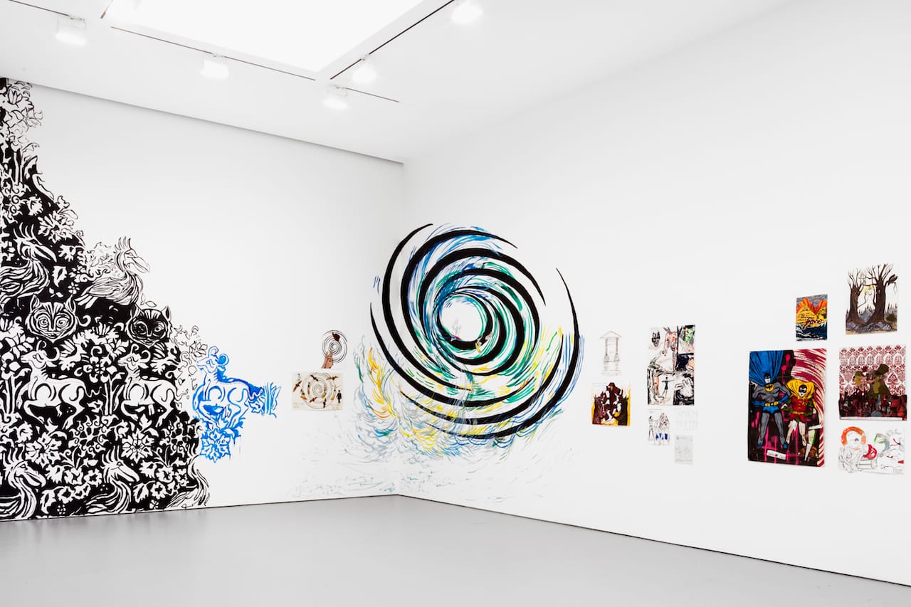 Marcel Dzama and Raymond Pettibon Installation view from the 2016 solo exhibition Forgetting the Hand at David Zwirner, New York
