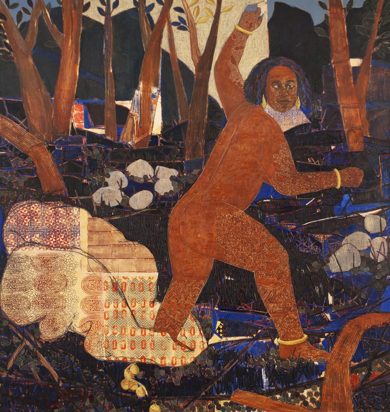 Mequitta Ahuja, "Rhyme Sequence: Wiggle Waggle" (2012), oil, paper, and acrylic on canvas, 213 x 203 cm (click to enlarge)