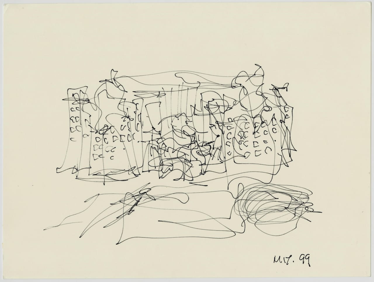Frank Gehry, Ray and Maria Stata Center for Computer Information and Intelligence Sciences, Massachusetts Institute of Technology, Cambridge, Massacusetts, design sketch and volumetric study (1999) (collection Frank Gehry, Los Angeles © 2015 Gehry Partners, LLP, image courtesy Gehry Partners, LLP)