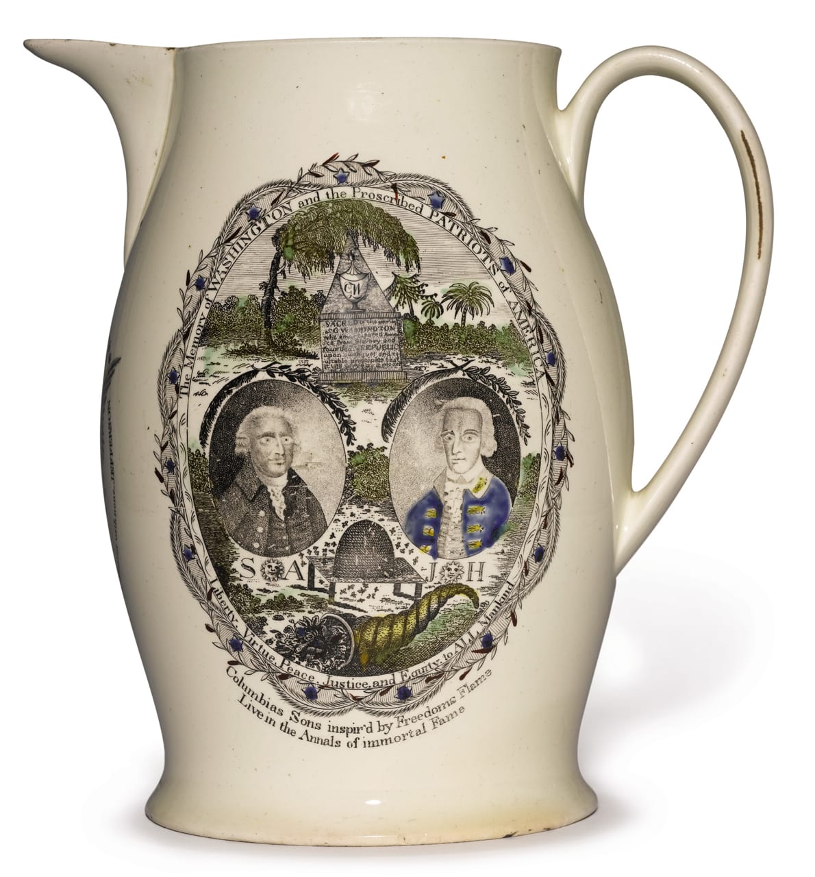 Staffordshire Creamware Transfer-Printed and Enamelled Jug, printed on one side with initialed portraits of Samuel Adams and John Hancock beneath a Washington monument within an oval panel surrounded by the inscription "The Memory of WASHINGTON and the Proscribed PATRIOTS of America...," the reverse with a ship in full sail flying an American flag, and beneath the spout the Great Seal above a further inscription and the date Anno Domini 1804.