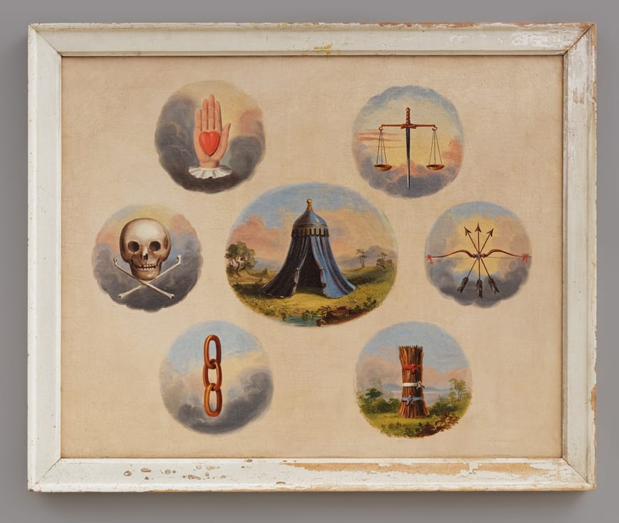 Independent Order of Odd Fellows Tracing Board, Artist unidentified (United States, 1850–1900), oil on canvas, 33 1/4 x 39 1/2 x 2 1/8 inches (courtesy American Folk Art Museum, photo by José Andrés Ramírez)