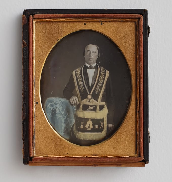Unidentified Man in Independent Order of Odd Fellows Regalia, Artist unidentified (United States, 1840–1860), quarter-plate daguerreotype, 4 3/4 x 3 3/4 inches (courtesy American Folk Art Museum)