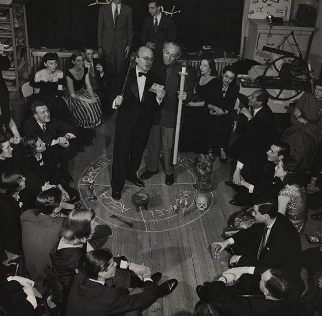 Bernard Hoffman, "Kurt Seligmann and Enrico Donati in a 'Magic Circle'" (1948), photograph