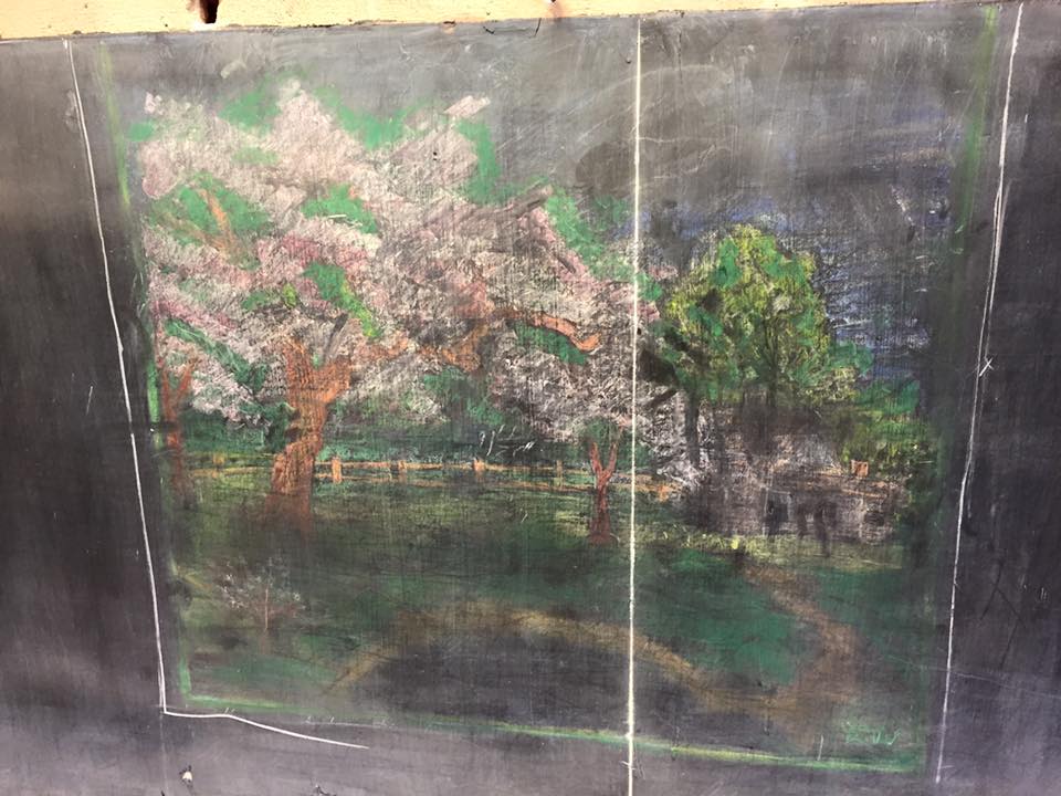 Drawing of trees and a fence on the chalkboards (courtesy Oklahoma City Public Schools)