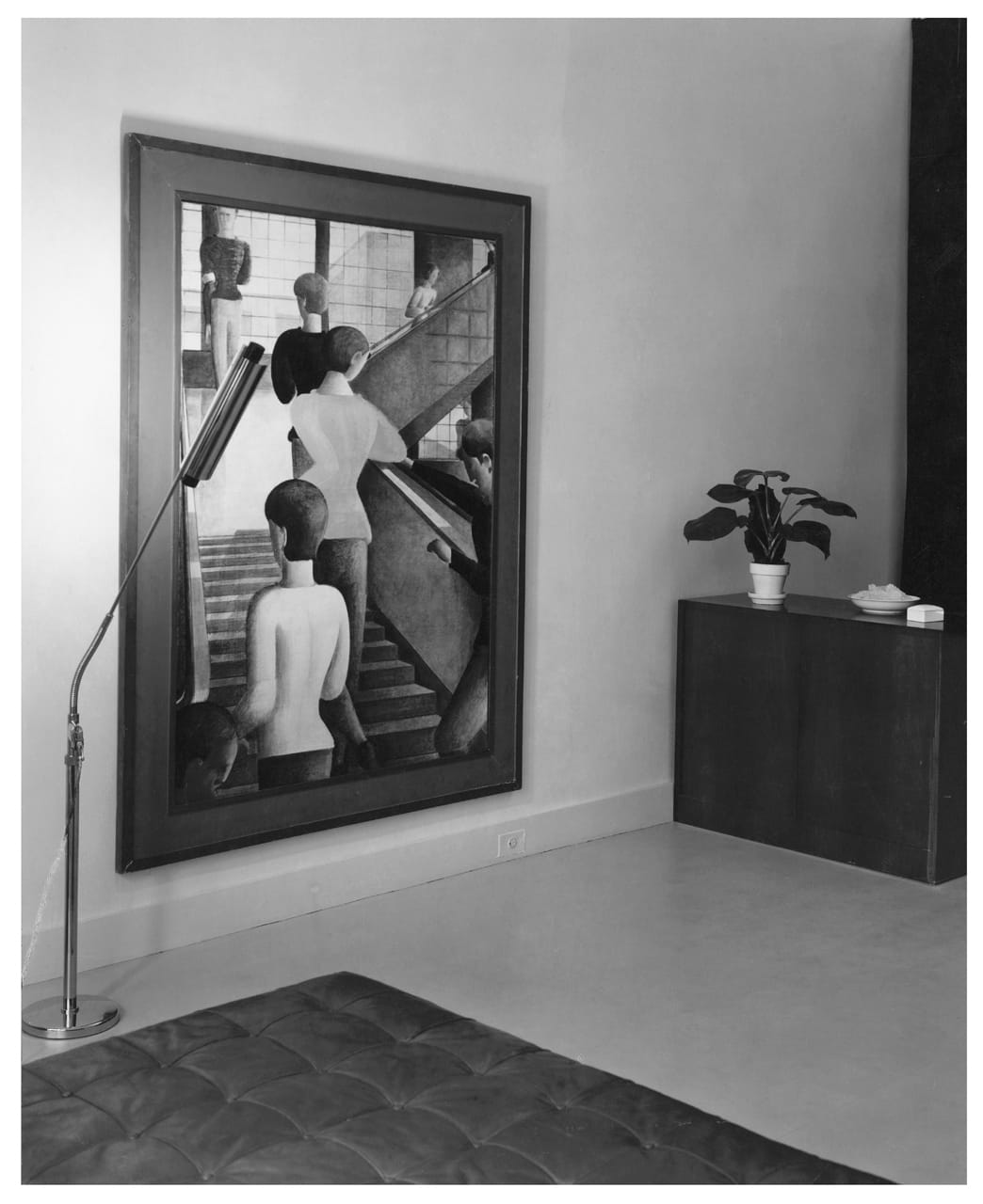 Philip Johnson's living room, with Oskar Schlemmer’s "Bauhaus Stairway" (1932), 216 East 49th Street, New York (1934). Johnson later gave the painting to MoMA in 1942.
