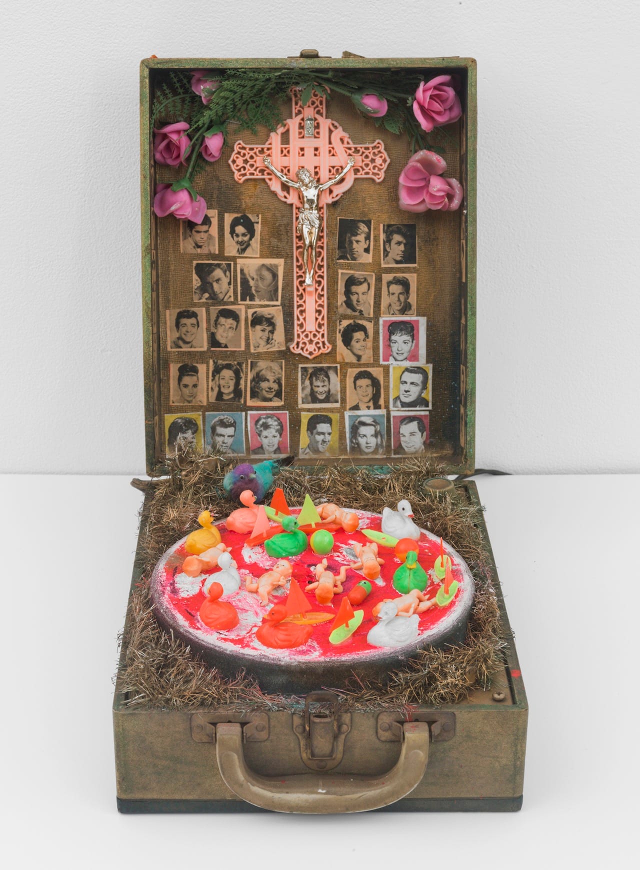 Robert Smithson, "Untitled [Record player]" (1962), record player with found objects and collage, 5 1/4 x 9 1/2 x 13 1/2 in (closed), 14 1/2 x 9 1/2 x 14 1/2 in (open)