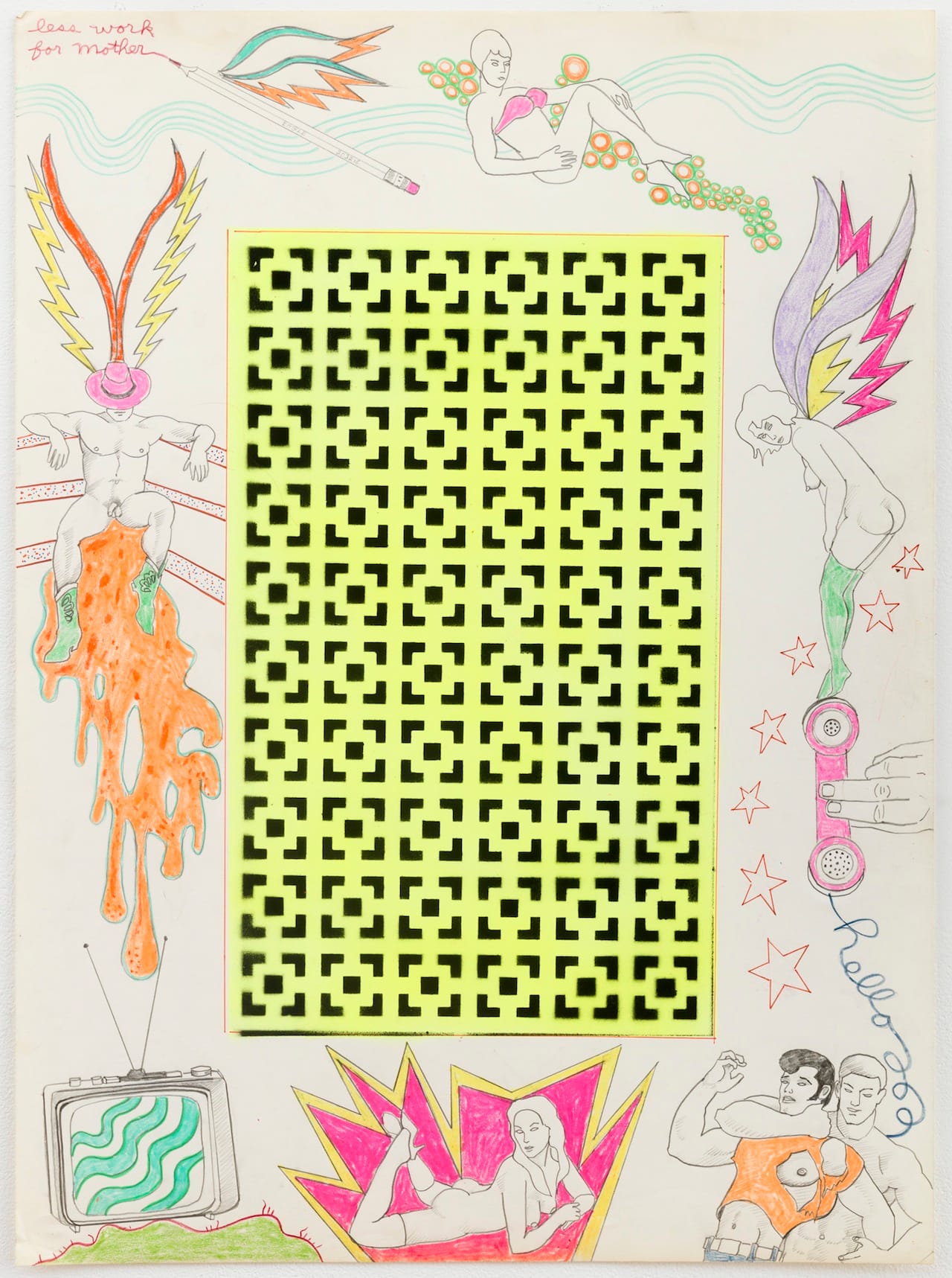 Robert Smithson, "Untitled [Pencil writes “less work for mother”/telephone cord spells “hello”/ man on orange blob]" (1963), pencil, crayon, spray paint and marker on paper, 30 x 22 in (all images courtesy James Cohan Gallery)