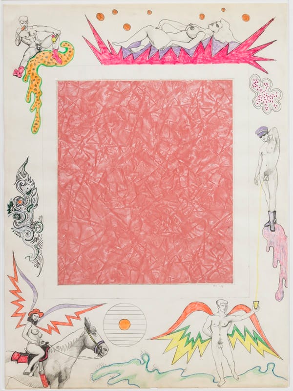 Robert Smithson, "Untitled [Pink linoleum center]" (1964), collage and color pencil on paper, 30 x 22 in