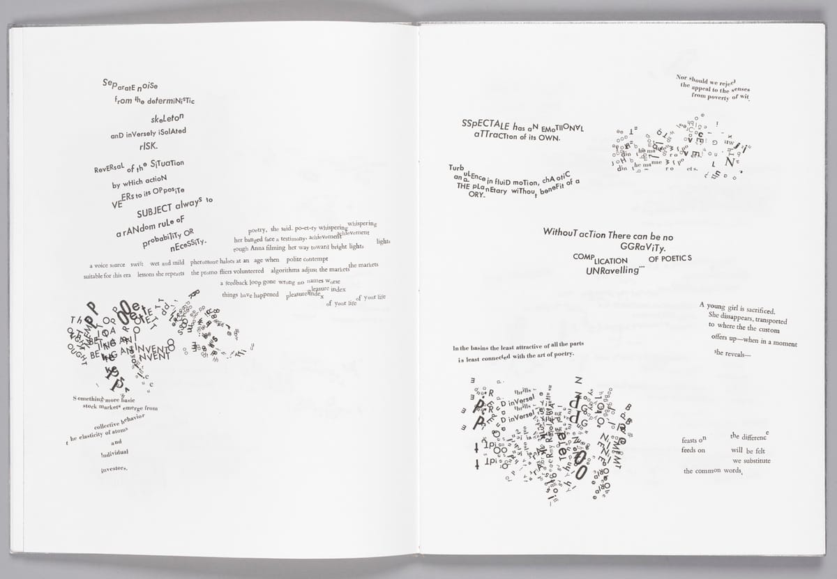 Spread from Johanna Drucker's 'Stochastic Poetics' (2012), sewn in etched aluminum, 9 3/4 x 12 3/4", published by Granary Books
