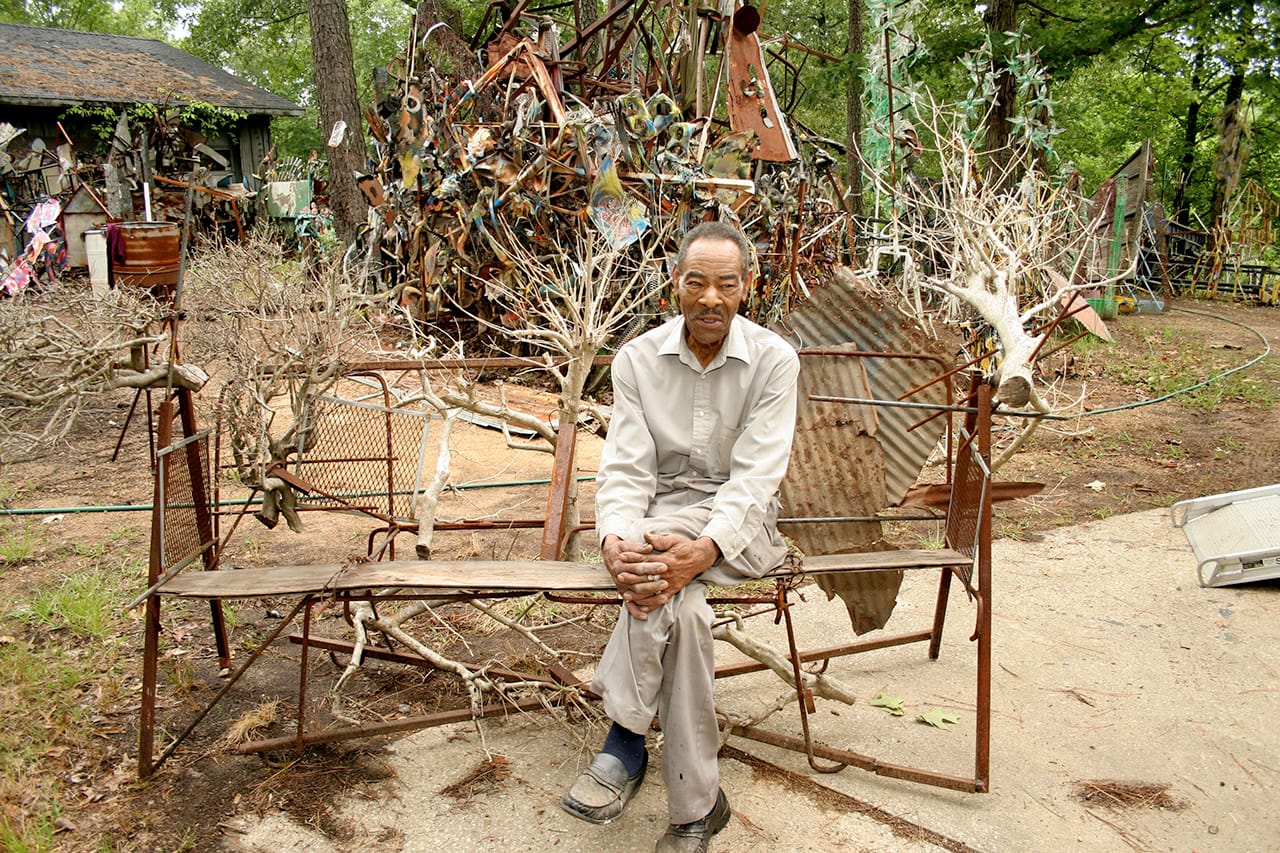 Artist Thornton Dial in an undated photo taken at his home near Bessemer, Alabama (photo by Stephen Pitkin/Pitkin Studio, courtesy Souls Grown Deep Foundation)